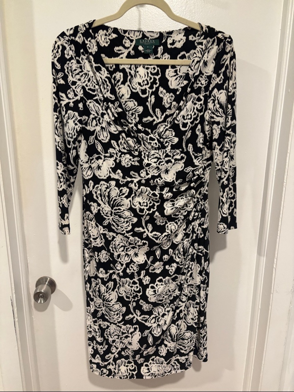 Lauren Ralph Lauren Black and White Floral Ruched Wrap-Style Dress
